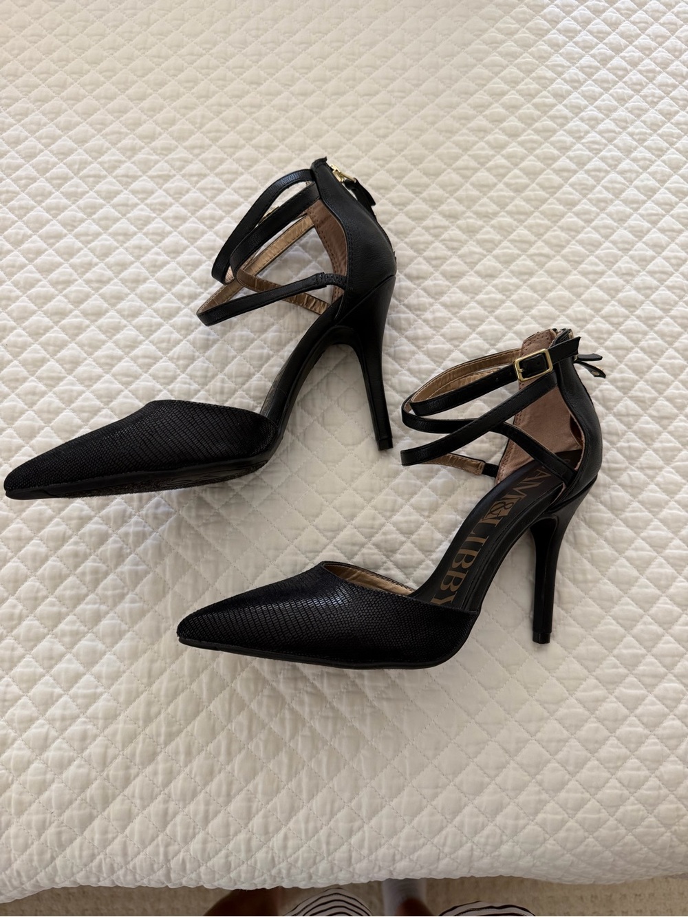 Worn once. Sam & Libby Black Pointed-Toe Strappy High Heels. Size 8